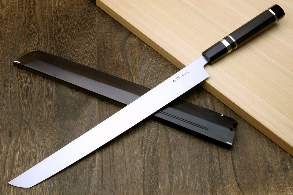 Japanese sushi knife with mirror-finished white steel blade and ebony handle