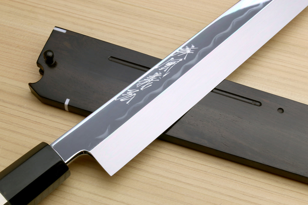 Japanese sushi knife with mirror-finished white steel blade and ebony handle plus saya