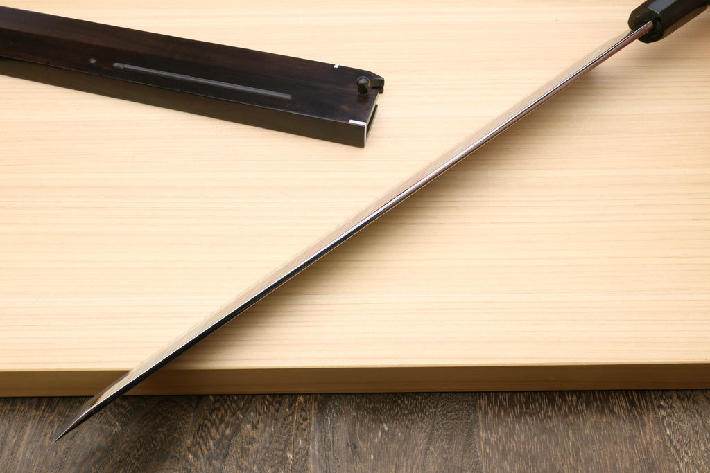 Japanese sushi knife and ebony saya, pointed mirror-finished white blade