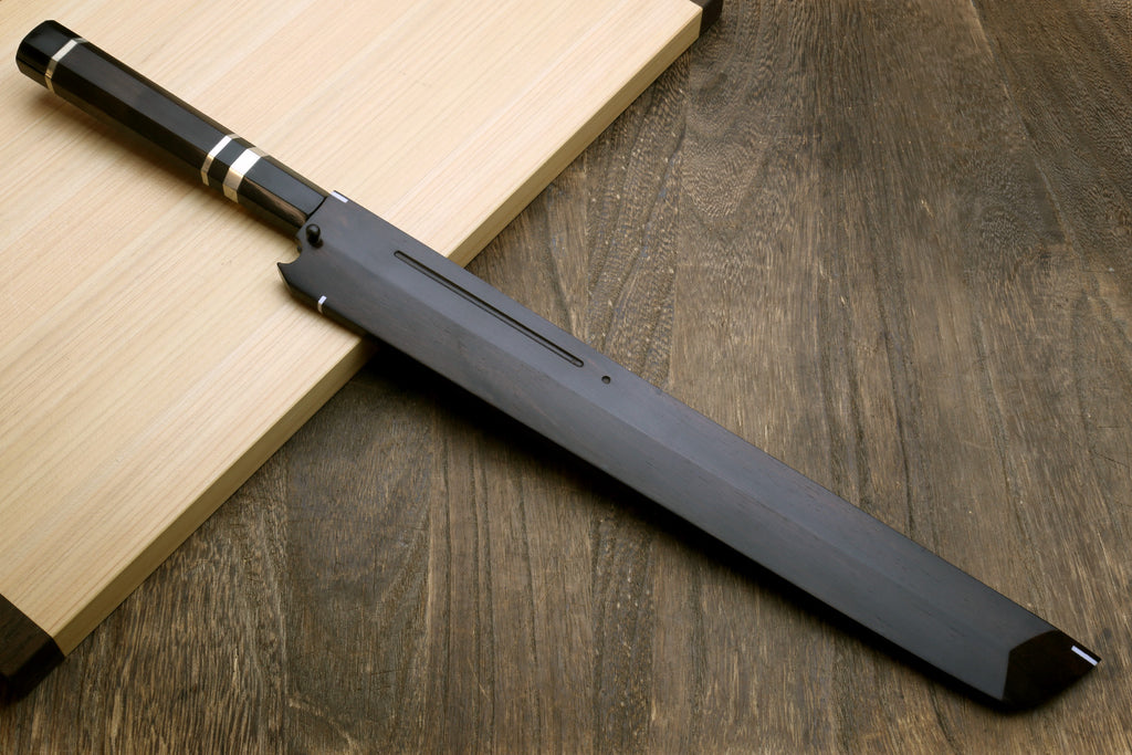 Japanese sushi knife with mirror-finished white steel blade and dark ebony handle