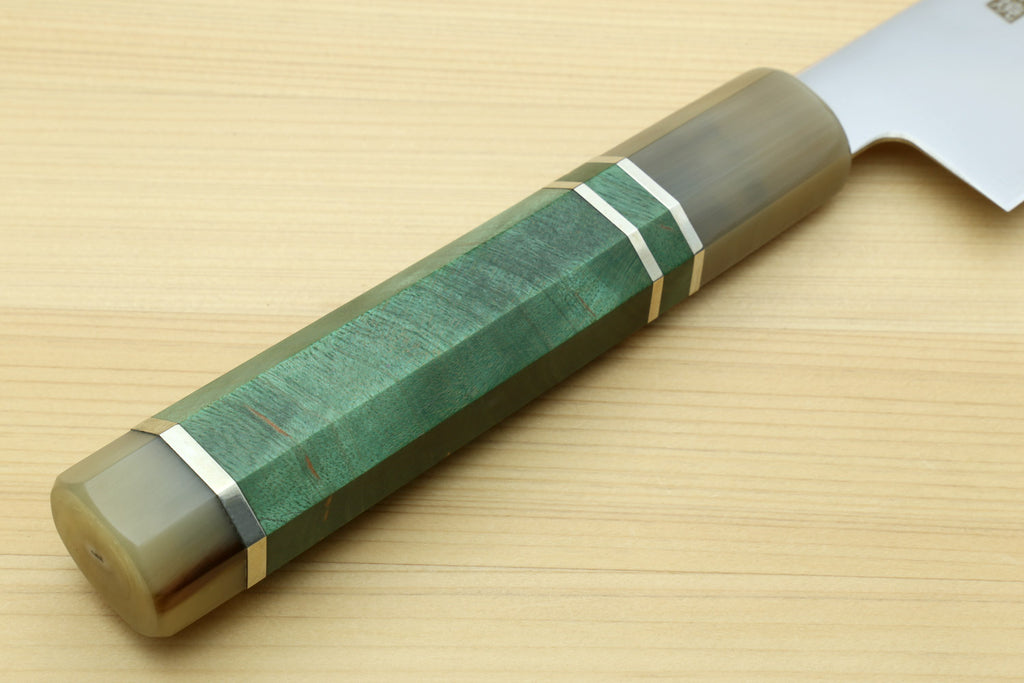 Sujihiki knife with dark green handle wrap and silver bolster