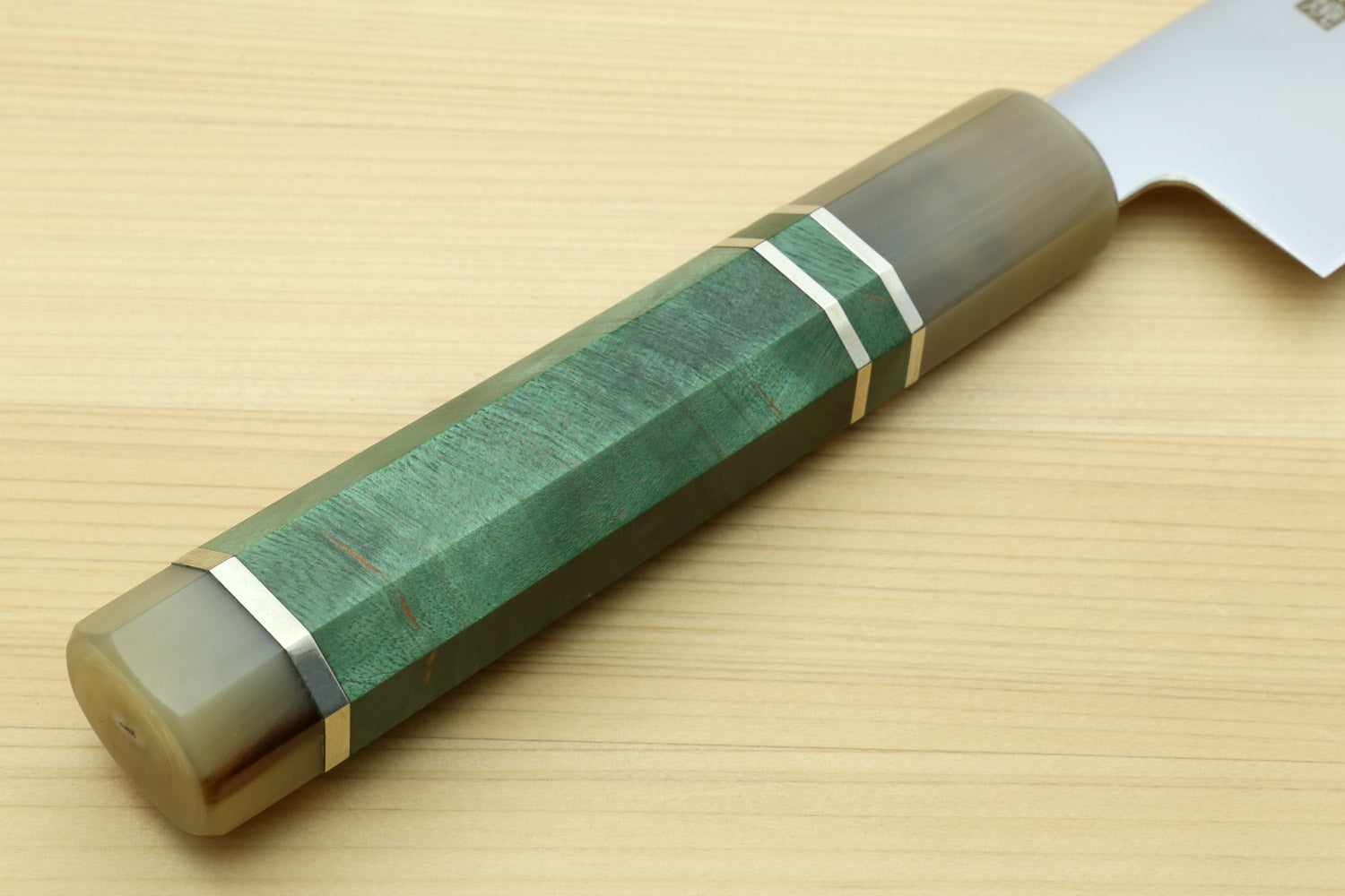 Sujihiki knife with dark green handle wrap and silver bolster