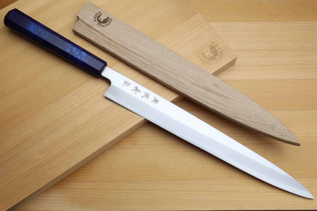 Yanagi sushi knife with dark-blue handle and wooden saya cover