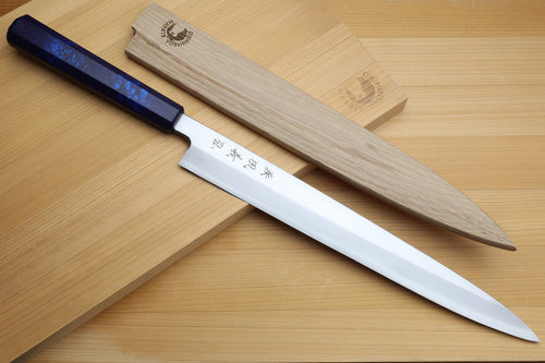 Yanagi sushi knife with dark-blue handle and wooden saya cover