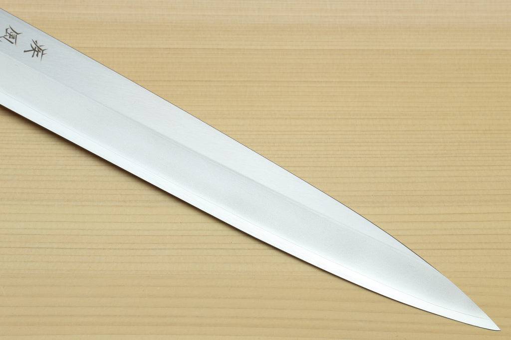 Yanagi sushi knife long blade view, smooth white steel and dark-blue handle