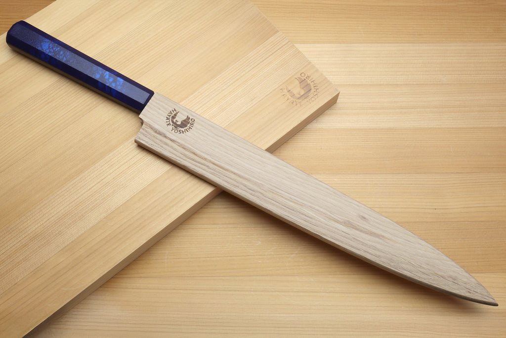Yanagi sushi knife with dark-blue handle and wooden saya cover, full length