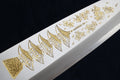 Deba fish fillet knife with white blade and gold floral pattern, wood handle
