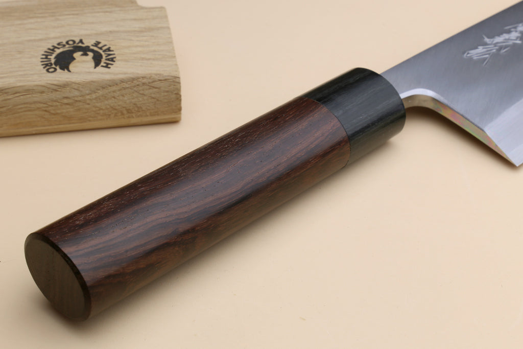 Deba knife with white steel blade, rosewood handle, and black ferrule