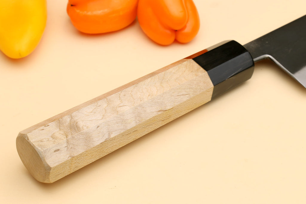 Kaede wood knife handle with black collar and stainless gyuto blade