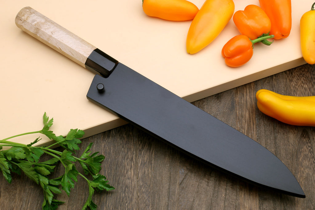 Gyuto chef knife with stainless blade, Kaede wood handle, black saya-style cover