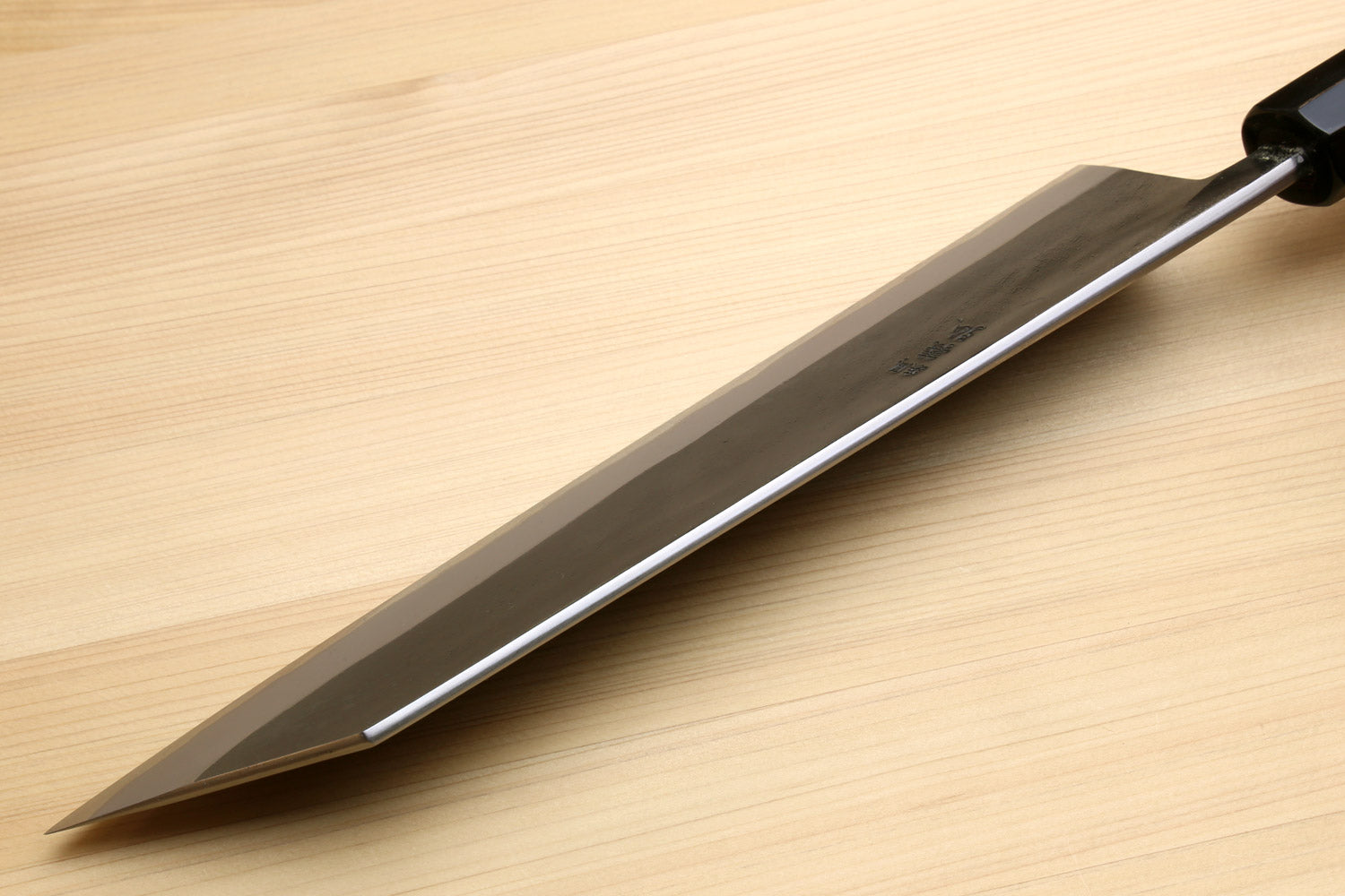 Kiritsuke chef knife blade and spine, dark steel with pointed tip