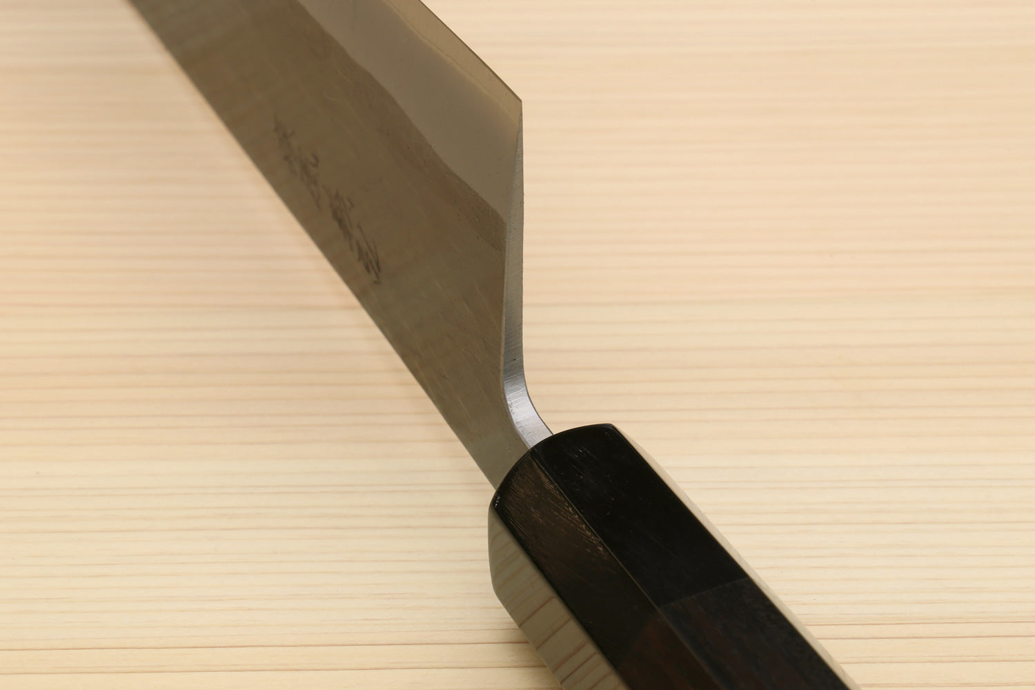 Kiritsuke chef knife heel and ebony handle, blue-gray blade edge