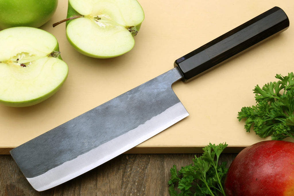 Nakiri Japanese vegetable knife with black handle and wide blue-steel blade