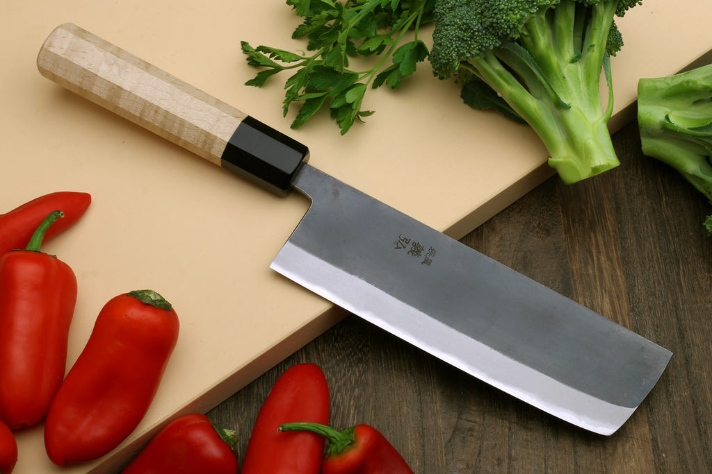 Nakiri vegetable knife with dark handle and gray steel blade, straight edge