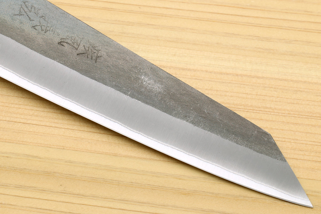 Pointed utility knife blade with blue-grey patina and sharpened edge, ebony handle