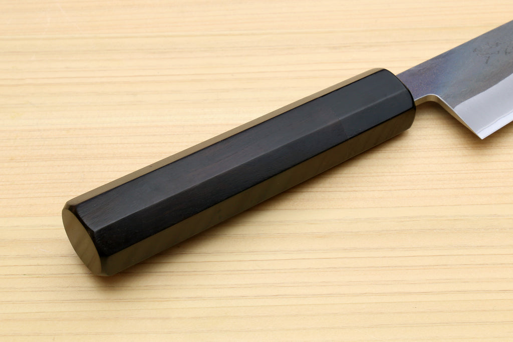 Ebony knife handle with base and blue-grey blade, utility boning style