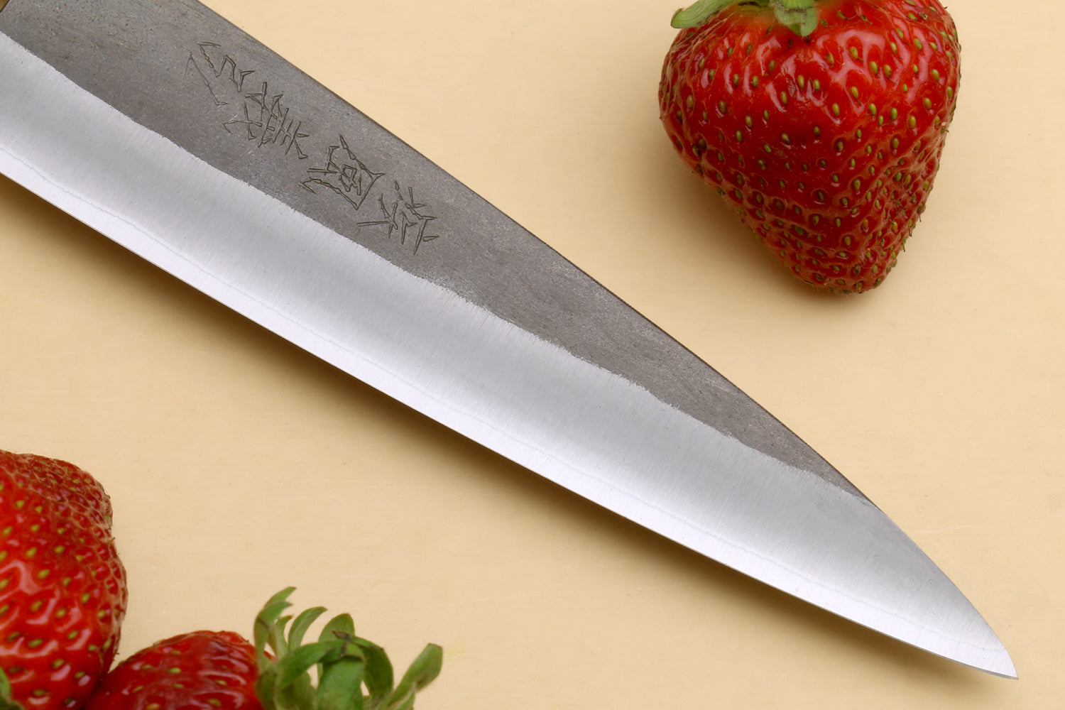 Petty utility knife with stainless blade and dark handle, blade close-up with tip