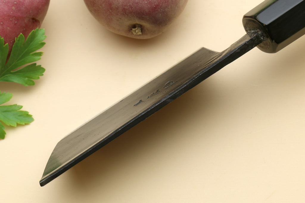 Paring knife tip with dark steel blade and camphor handle.