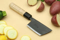 Paring knife with dark steel blade and camphor wood handle.