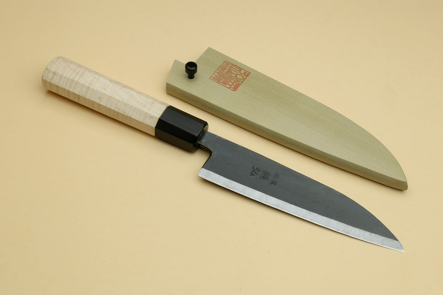 Petty utility Japanese knife with camphor handle and matching scabbard, side-by-side
