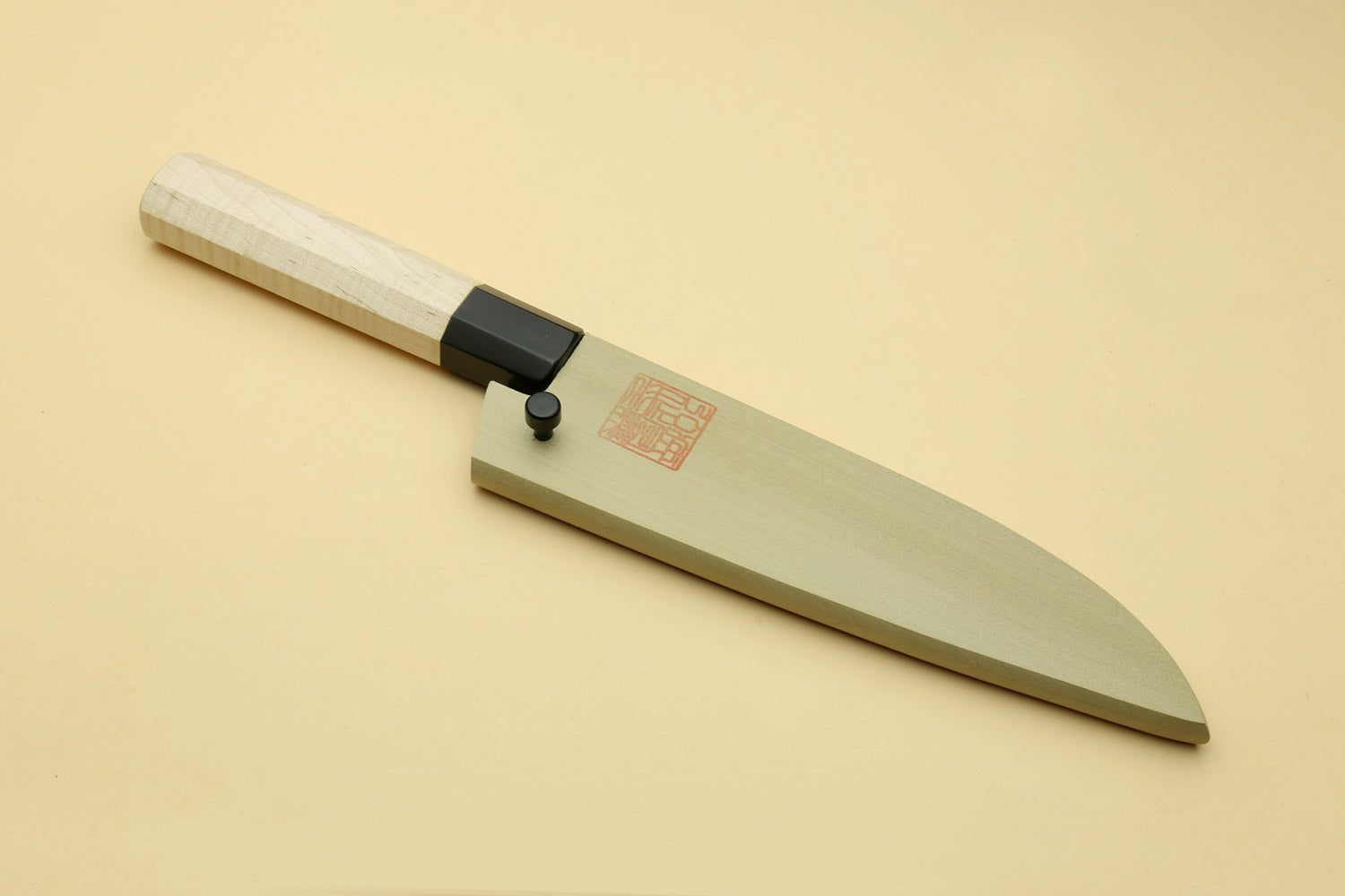 Petty utility Japanese knife with pale camphor handle and black collar, full length