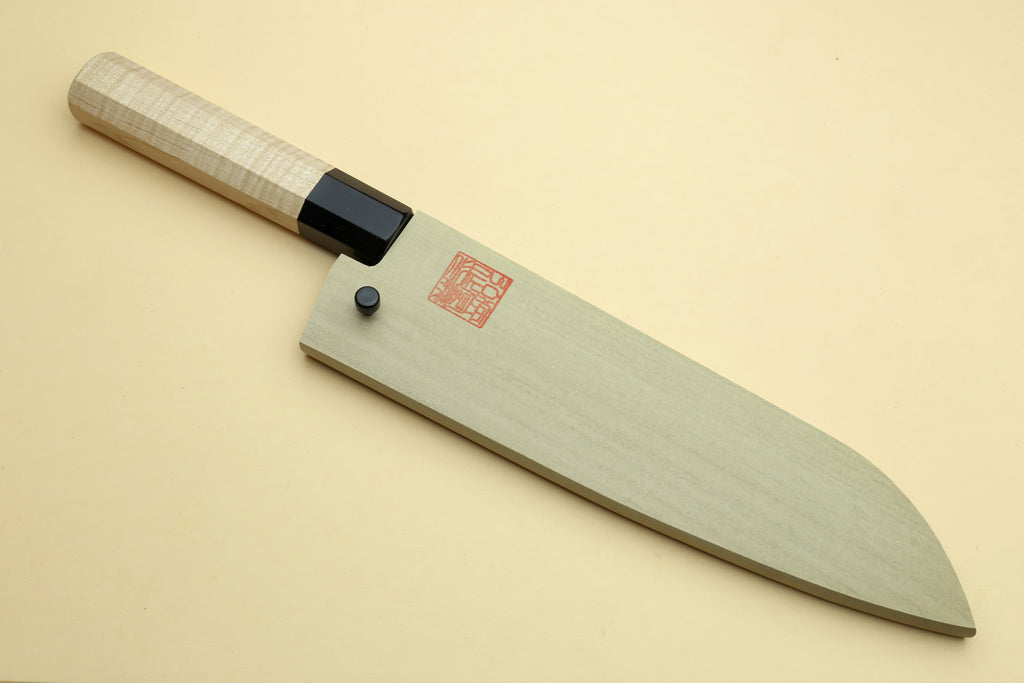 Santoku chef knife with light camphor handle and dark blade, no saya cover