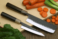 2pc knife set: nakiri and petty with dark patterned blades, black handles