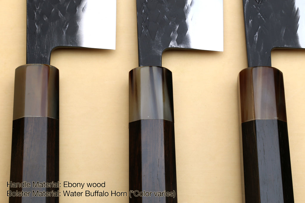 Ebony wood knife handles with water buffalo horn bolster on nakiri knife set