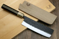 Nakiri vegetable knife with dark hammered blade and wooden saya cover, two knives