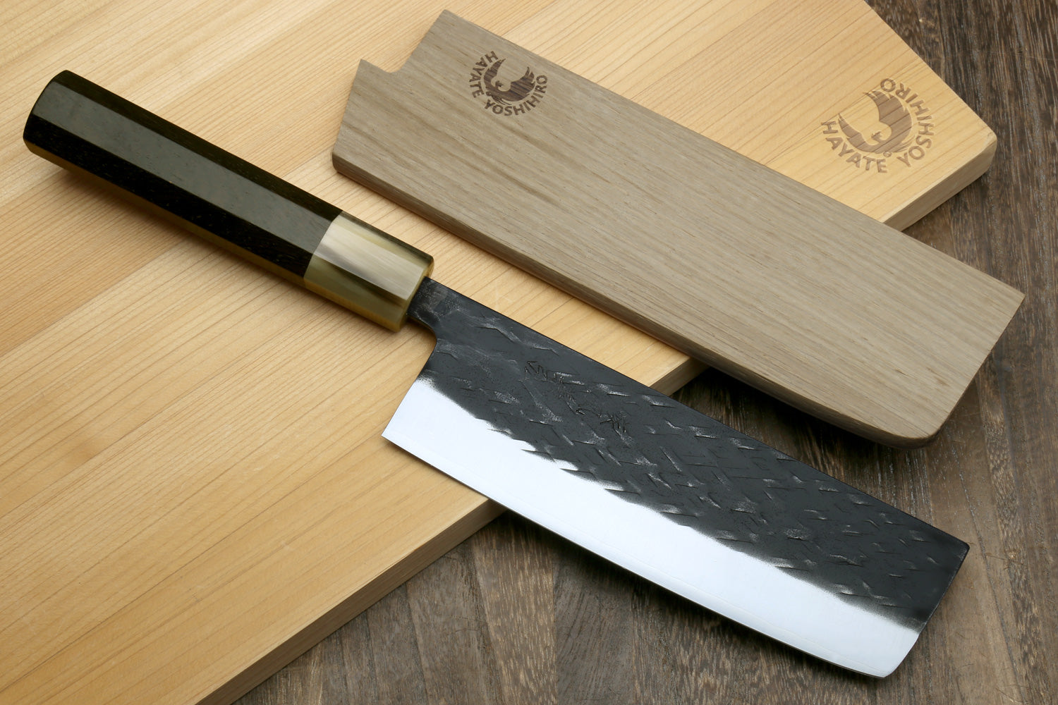 Nakiri vegetable knife with dark hammered blade and wooden saya cover, two knives