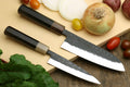 Knife set with santoku and petty knives, textured steel blades, dark handles