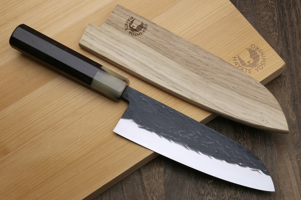 Santoku knife with wooden saya cover and hammered stainless blade