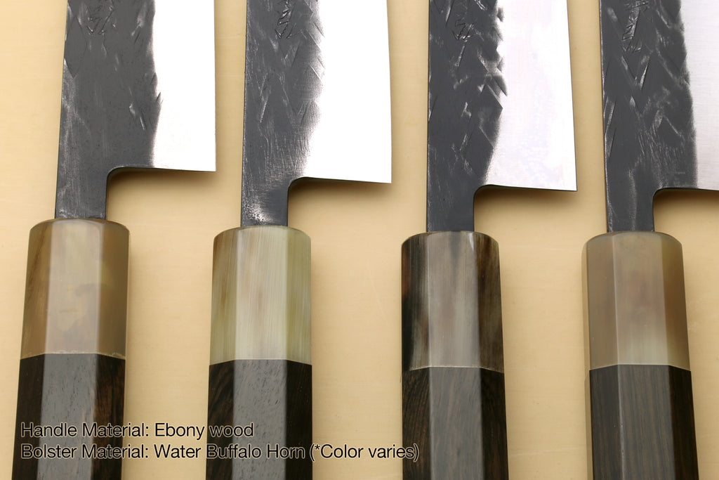 Sujihiki knife handles with light wood scales and dark metal ferrules