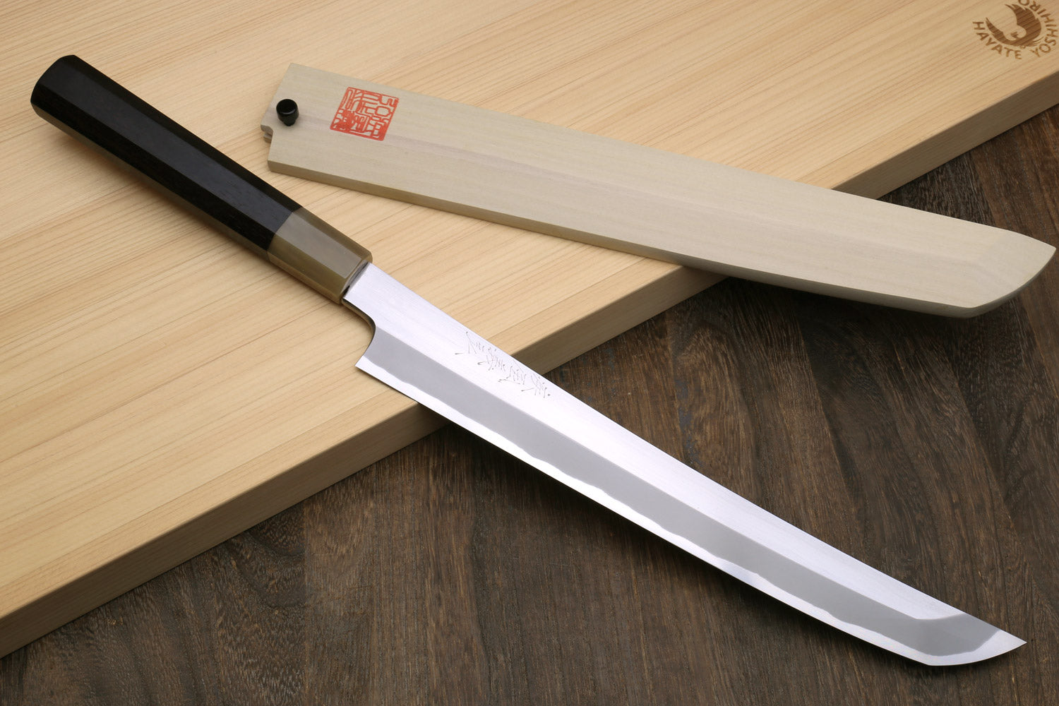 Sushi sashimi knife with curved white steel blade and ebony handle, sakimaru tip