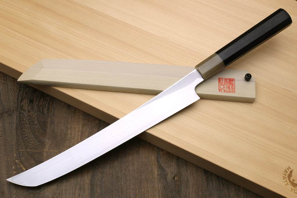 Sushi sashimi knife with long curved white blade and black handle, sakimaru shape