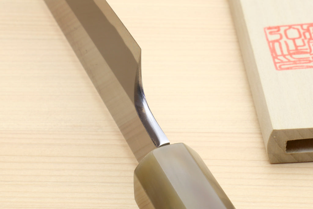 Sushi sashimi knife blade profile with curved edge and dark handle end