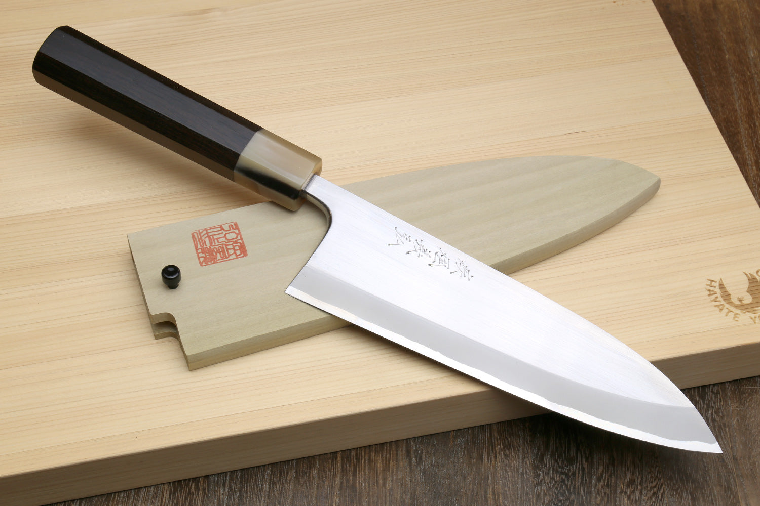 Deba fish fillet chef knife with white steel blade and dark ebony handle