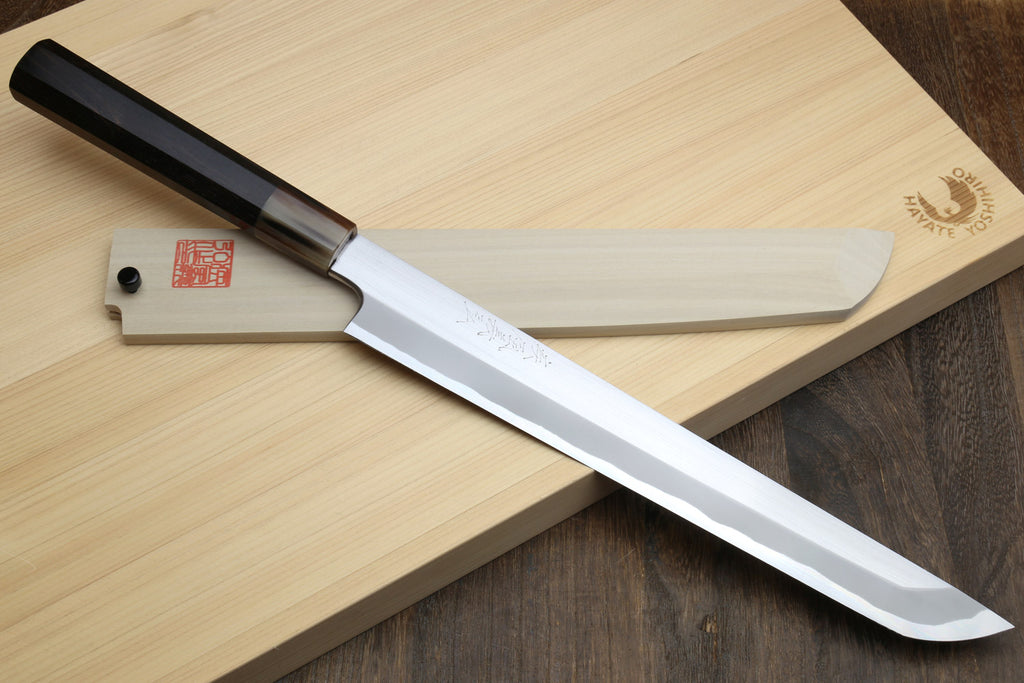 Sashimi sushi knife with white steel sakimaru blade and dark ebony handle