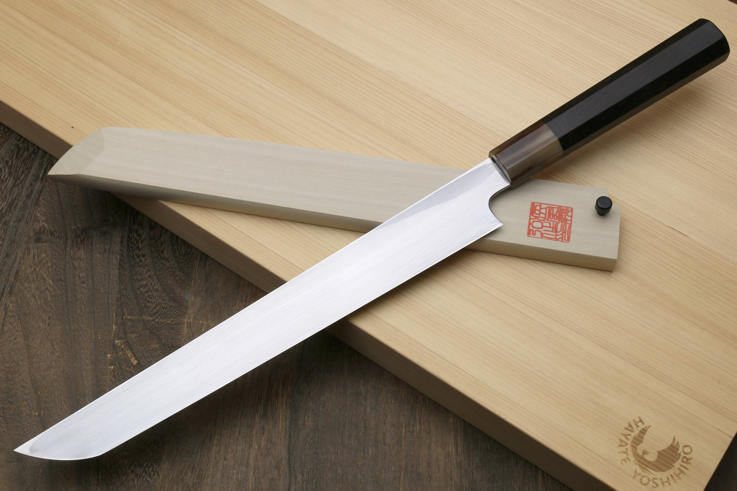 Sashimi sushi knife with white steel long blade and dark ebony handle, angled view