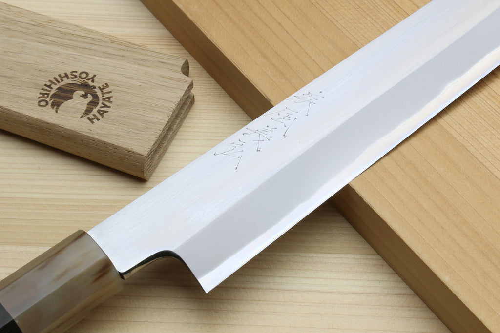 Yanagi-kiritsuke sushi knife with white steel blade and light wood handle