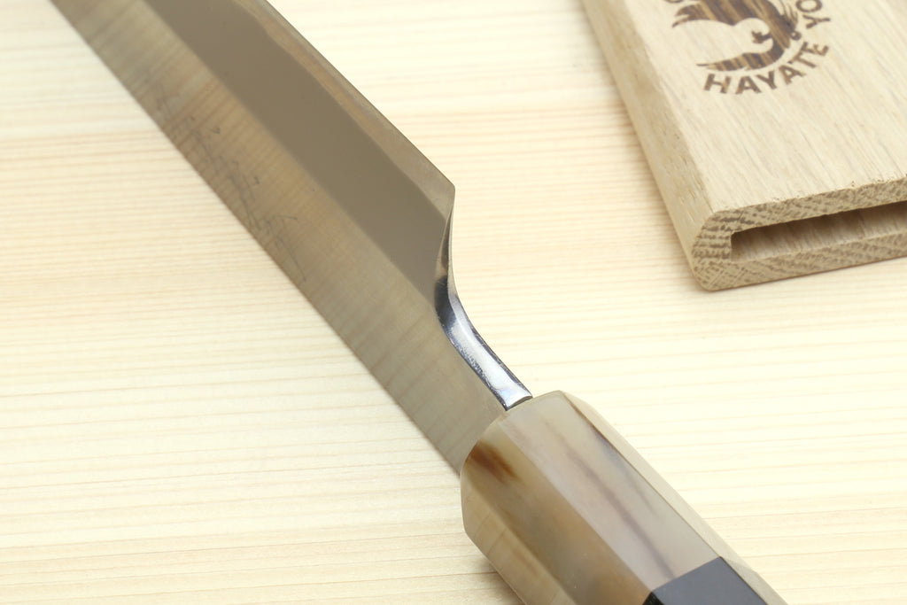 Yanagi-kiritsuke knife blade with edge profile, white steel and light wood handle