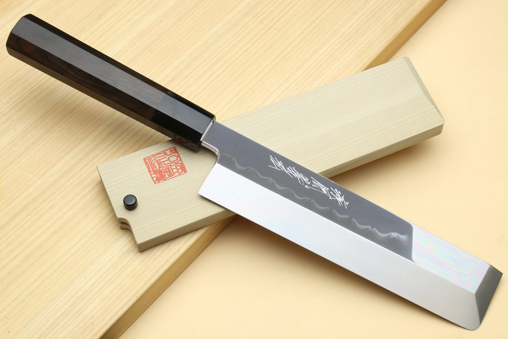 Japanese vegetable knife with white steel blade and dark ebony handle, mirror-polished