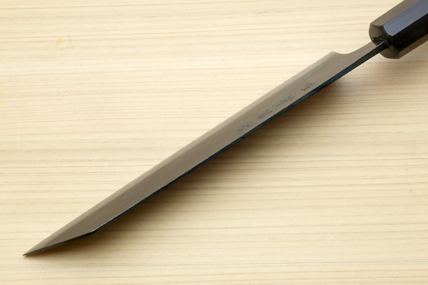 Japanese utility kiritsuke knife long blade side view with dark handle
