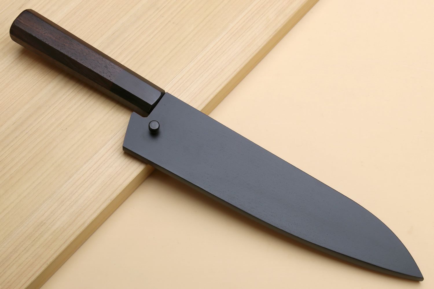 Japanese utility kiritsuke knife with dark saya cover and dark wooden handle