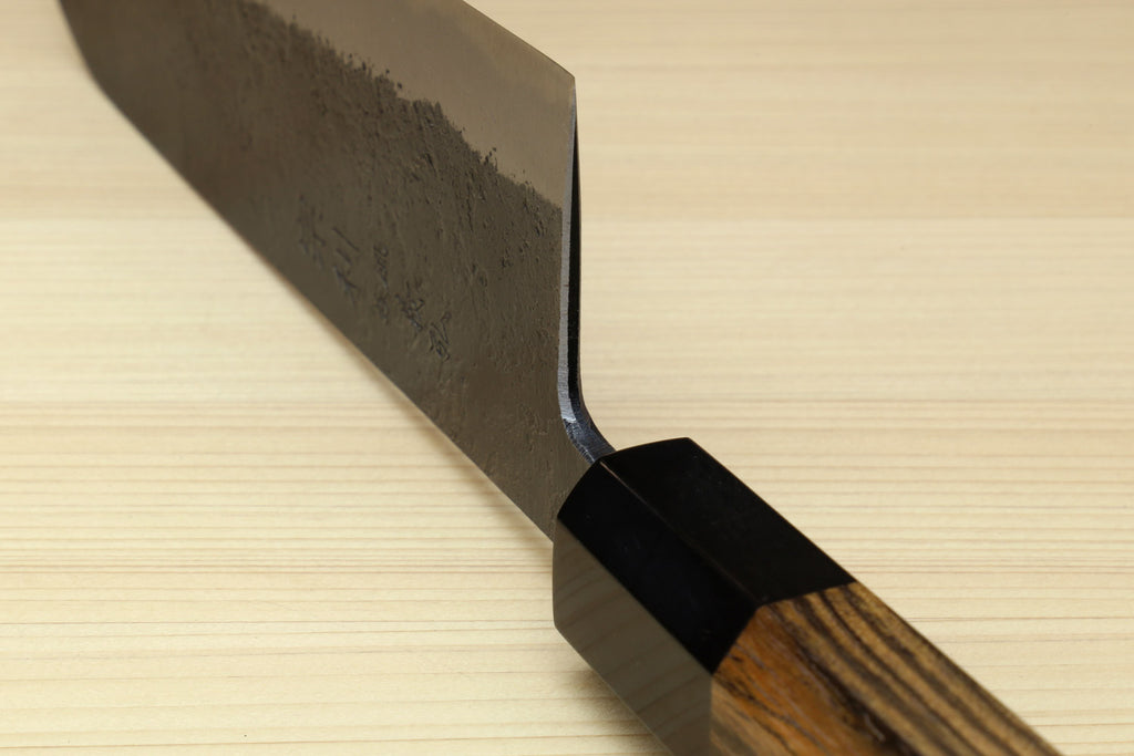 Japanese Bunka chef knife heel and handle with cocobolo wood grip