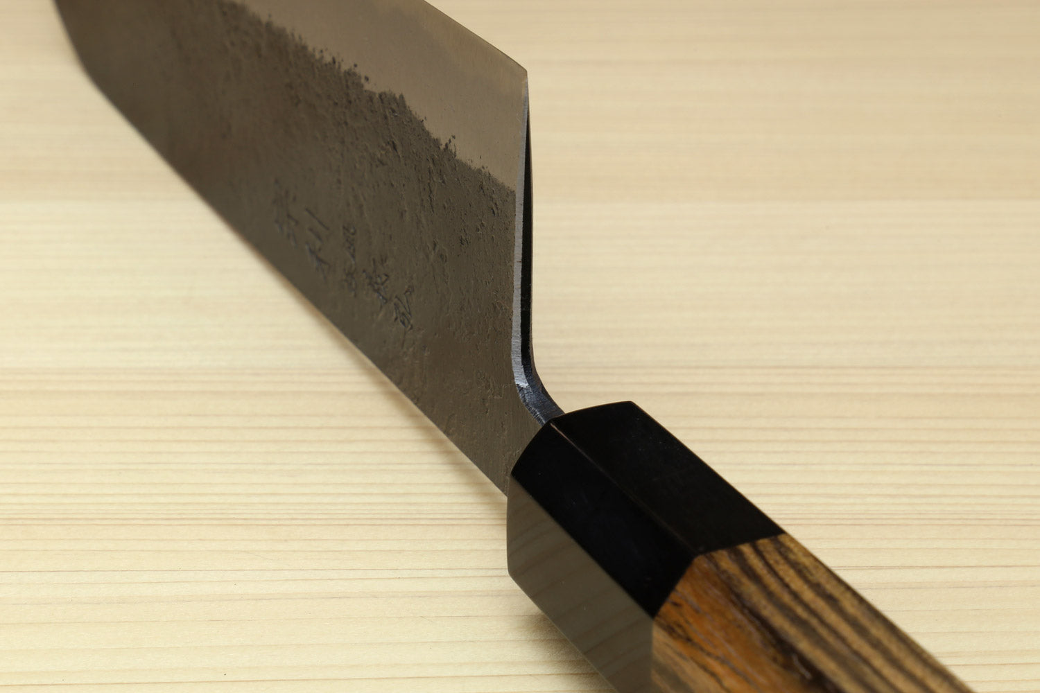 Japanese Bunka chef knife heel and handle with cocobolo wood grip