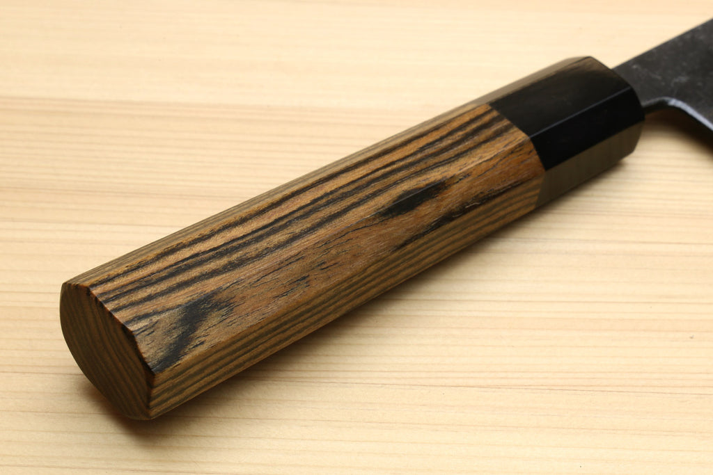 Cocobolo wood handle end with black ferrule on Japanese Bunka chef knife