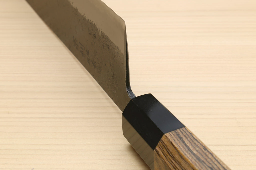 Japanese gyuto chef knife side view with white steel blade and cocobolo handle