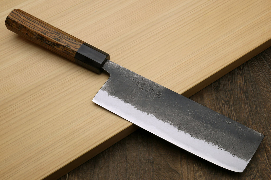Japanese nakiri vegetable knife with dark cocobolo handle and silver steel blade edge