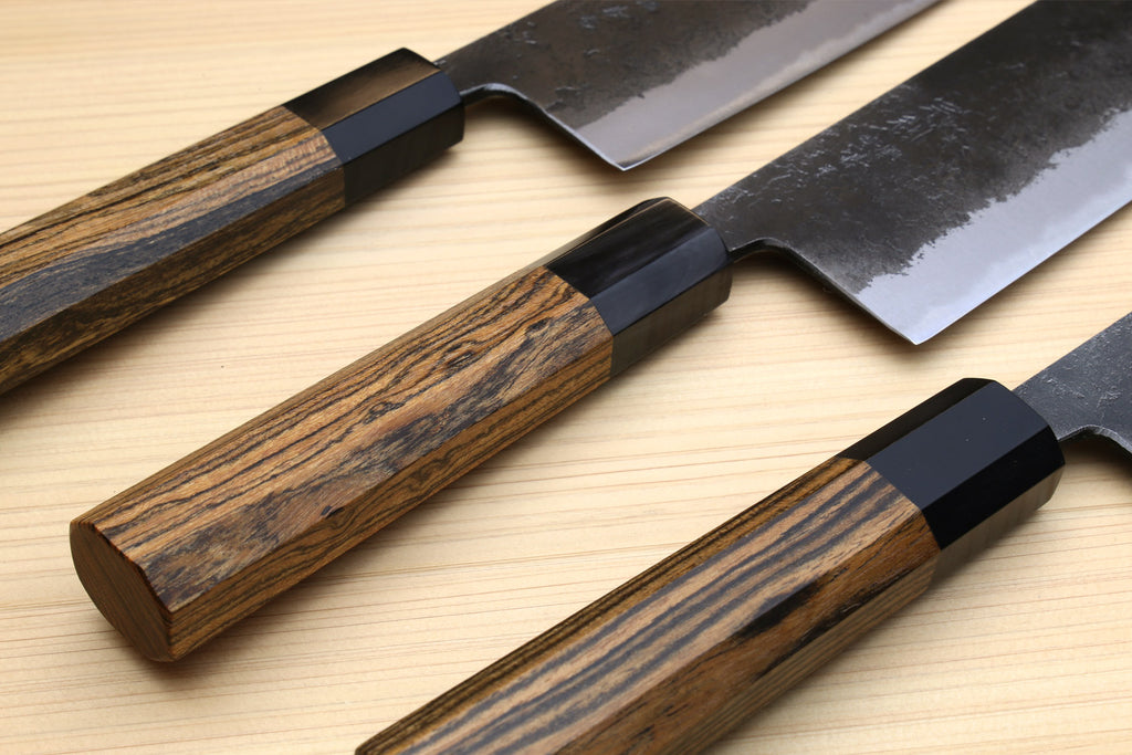 Japanese nakiri vegetable knives with cocobolo handles and textured silver blades (2-pack)